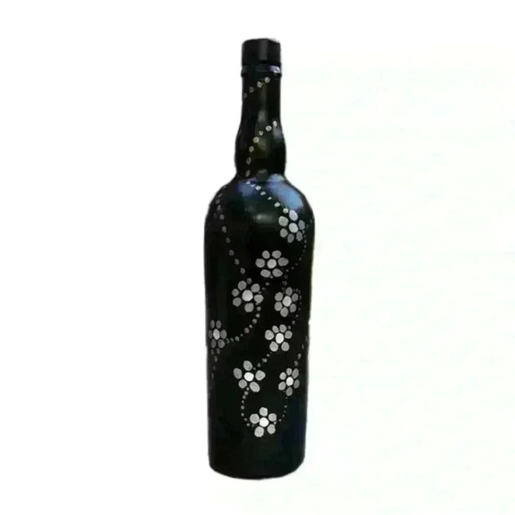 HAND Crafted Hand Painted Wine Bottle Black White Silver Gold with Fairy Lights - Picture 3 of 11